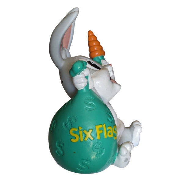 1996 Baby Bugs Bunny with Carrot and Six Flags Money Bag Piggy Bank with Stopper - Picture 5 of 13
